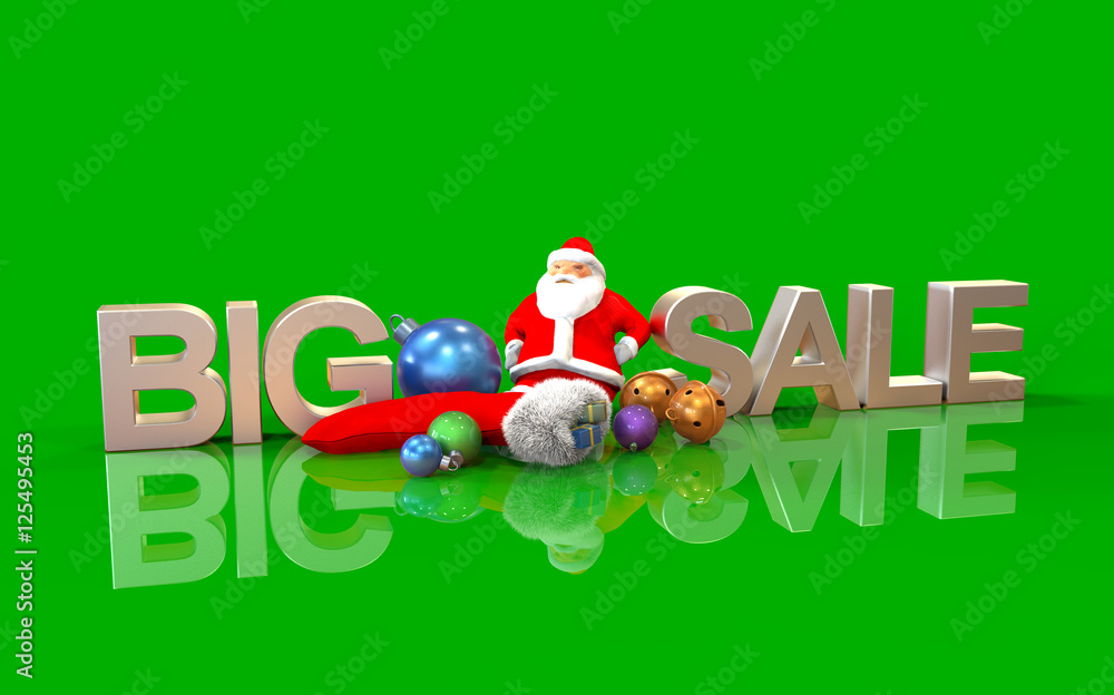 Fototapeta premium 3dChristmas ornaments, big sale isolated on green background, render illustration