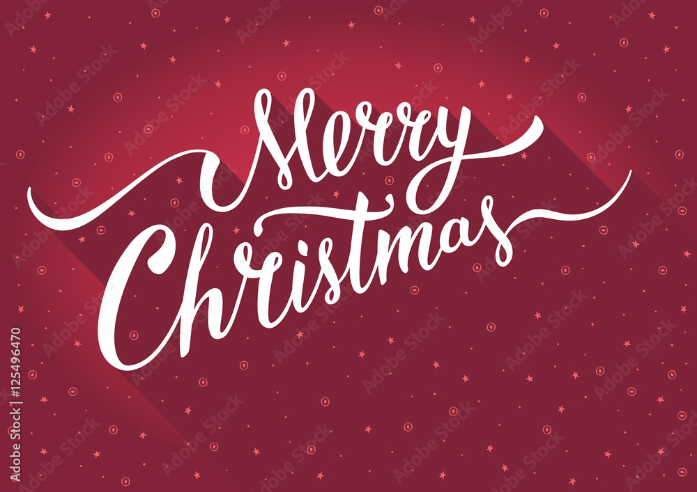 Merry Christmas Greeting card or banner with beautiful handlettering typography composition and vintage text design on red color background.
