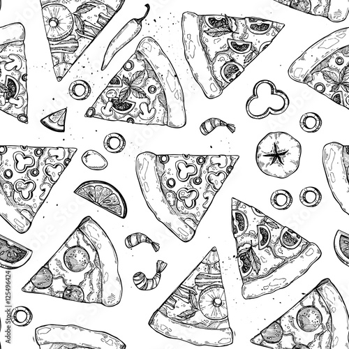 Hand drawn vector illustration - pizza. Types of pizza:  Pepperoni, Margherita, Hawaiian, Mushroom. Sketch style