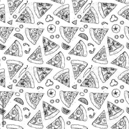Hand drawn vector seamless pattern - pizza. Types of pizza: Pepperoni, Margherita, Hawaiian, Mushroom. Sketch style