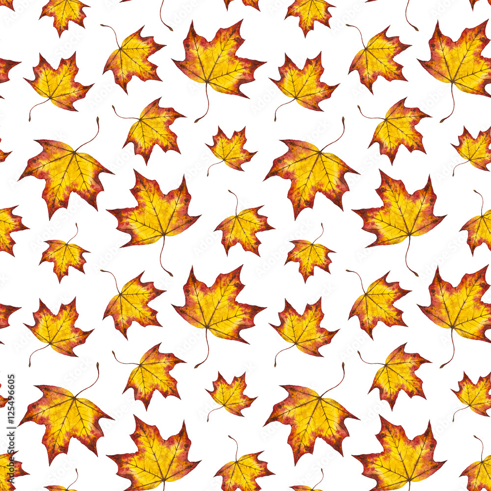 Obraz premium Watercolour seamless pattern of autumn leaves maple, hand paint watercolor autumn background of falling leaf, design for fabric, textile, wrapping paper, card, invitation, wallpaper, web design