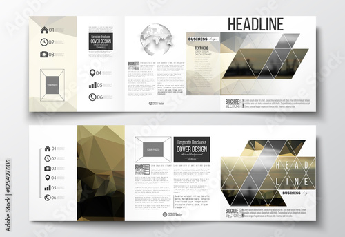 Set of tri-fold brochures, square design templates. Colorful polygonal background with blurred image, seaport landscape, modern stylish triangular vector texture.