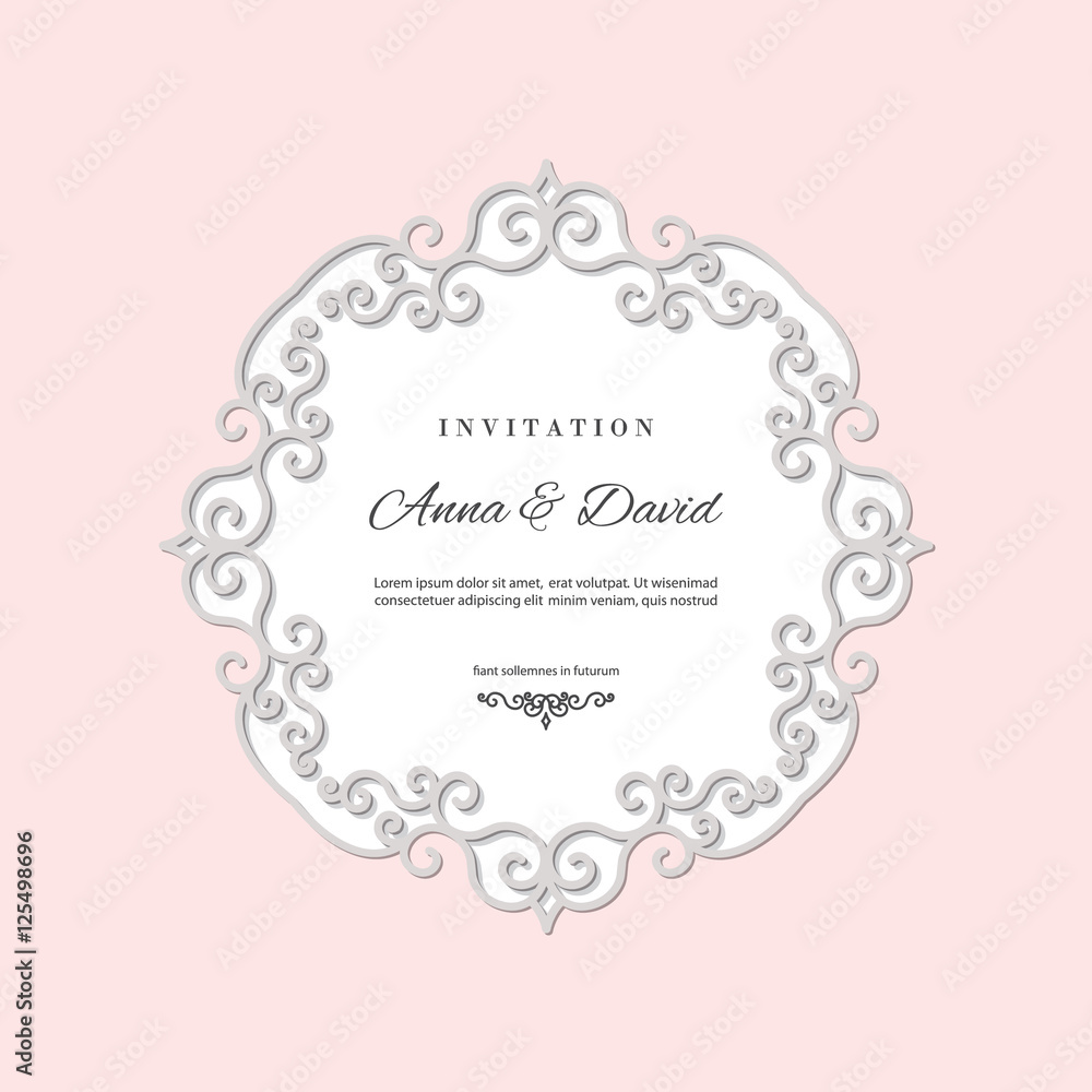 Wedding invitation card template with laser cutting filigree frame. Pastel pink and white colors. Wedding invitation card template with laser cutting filigree frame. Pastel pink and white colors.