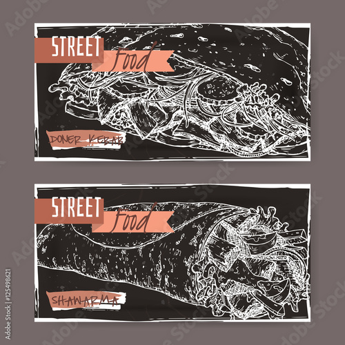 Two landscape banners with kebab and shawarma on black background.