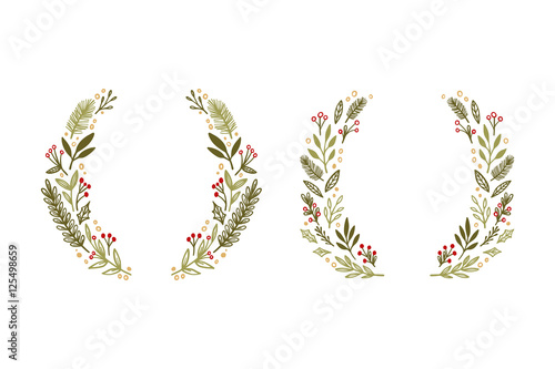 Hand drawn vector illustration. Vintage decorative kit of christmas wreath