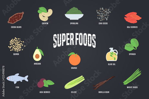 Set of superfoods products, berries, green on blackboard in vector
