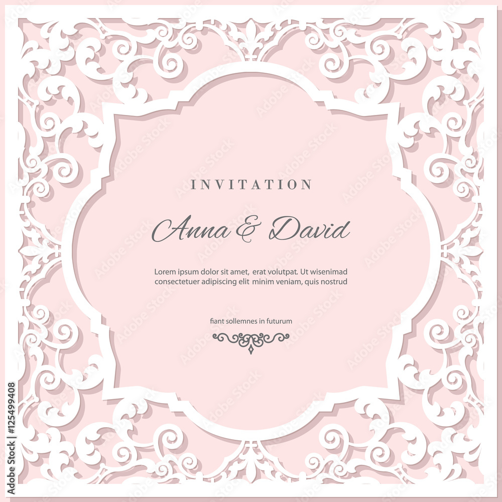 Wedding invitation card template with laser cutting frame. Pastel pink and white colors. Wedding invitation card template with laser cutting frame. Pastel pink and white colors.