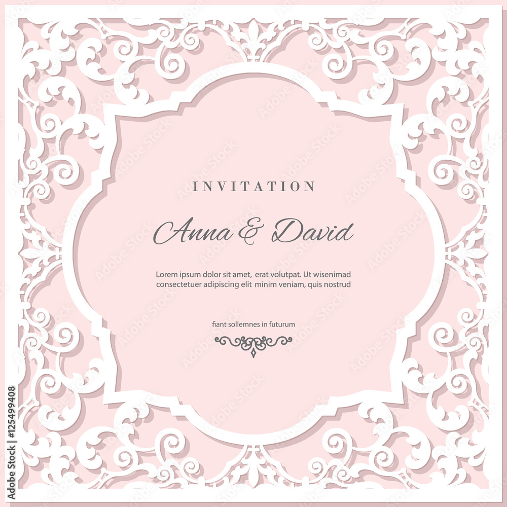 Wedding invitation card template with laser cutting frame. Pastel pink and white colors.