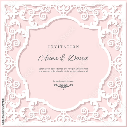 Wedding invitation card template with laser cutting frame. Pastel pink and white colors.