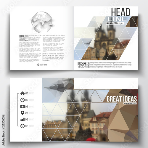 Set of annual report business templates for brochure, magazine, flyer or booklet. Polygonal background, blurred image, urban landscape, Prague cityscape, modern triangular texture