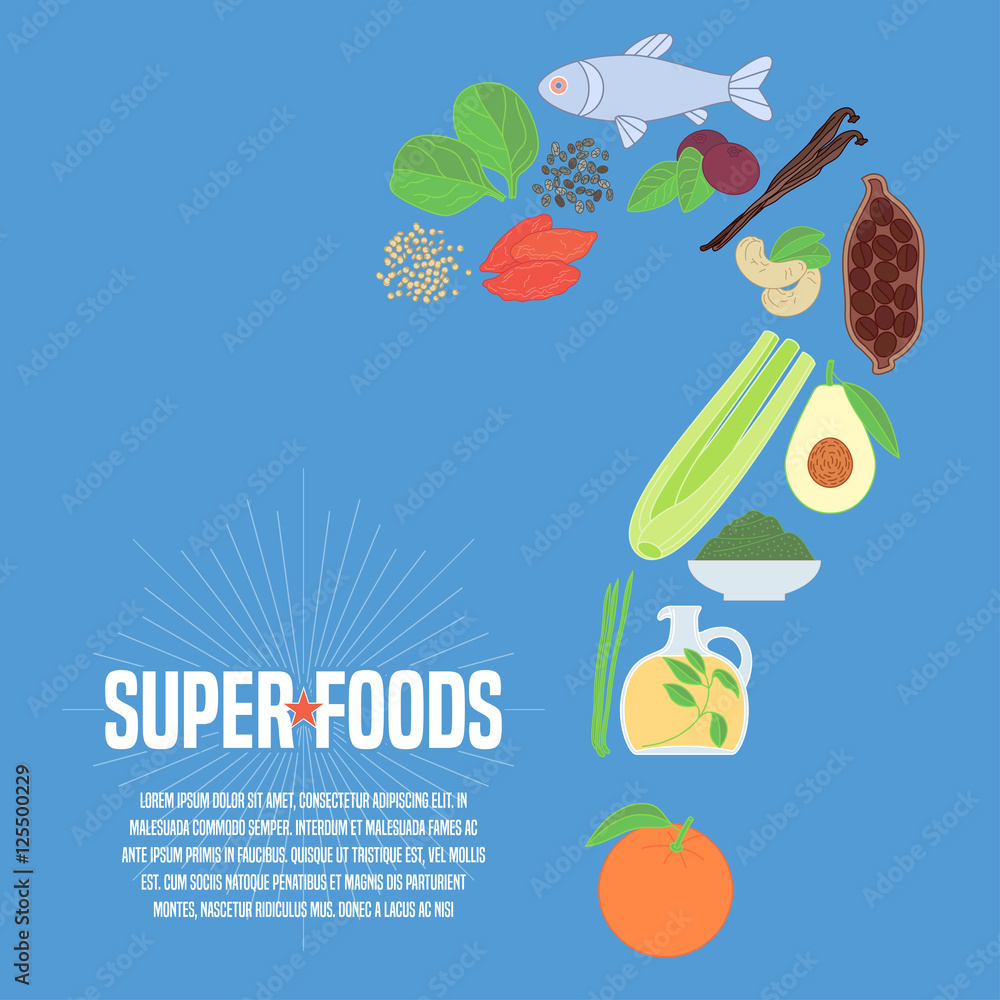 Naklejka premium Selection of superfoods products, berries, greens in vector