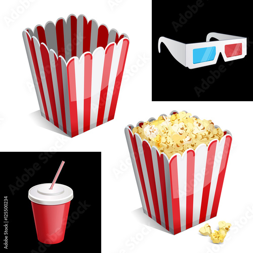 popcorn box, cola and 3D glasses icon