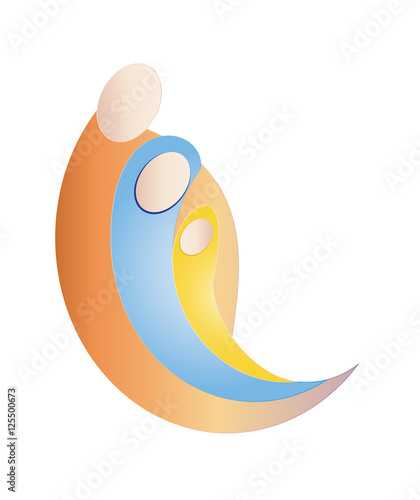 Christmas nativity religious scene; Holy Family Jesus Mary and Joseph, abstract artistic modern color vector illustration or logo graphic design element.