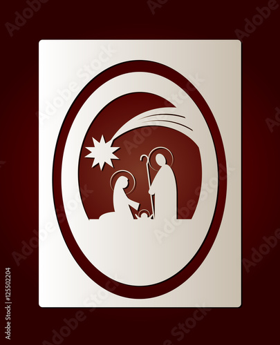 Christmas nativity Holy family scene paper cut out greeting card, on red background, with copy space for text.