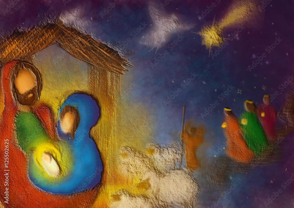 Christmas nativity religious Bethlehem crib scene, with Holy family of Mary, Joseph and baby Jesus and three wise men and shepherd. Abstract artistic holiday background illustration.
