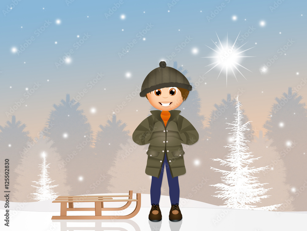 Naklejka premium child with sleigh in the snow