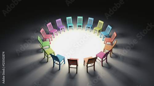Fotografija Ominous Circle of Colorful Chairs in Dramatic Light