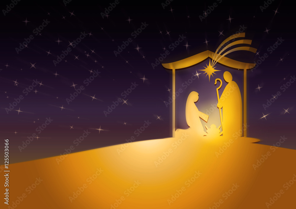 Christmas nativity religious Bethlehem crib scene, with Holy family of ...
