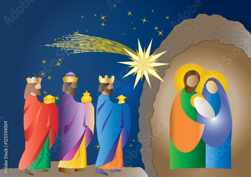 Christmas nativity religious Bethlehem crib scene, with Holy family of Mary, Joseph and baby Jesus and three wise men.holiday background, illustration.