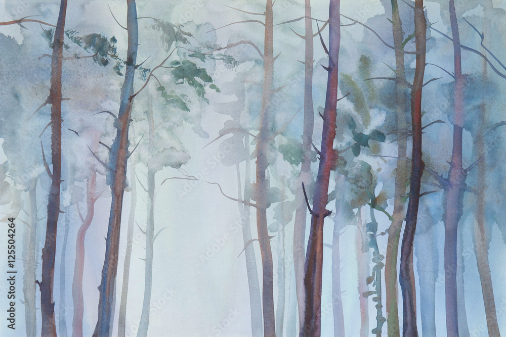 Obraz Mgłowy lasowy akwareli tło