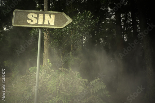 Obraz na plátně old signboard with text sin near the sinister forest