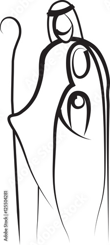 Holy family Christmas abstract religious nativity drawing, vector illustration, Mary Joseph and Jesus.