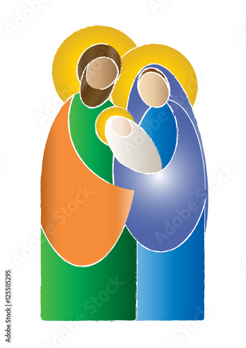 Christmas nativity simple color vector illustration - Holy family Mary Joseph and baby Jesus