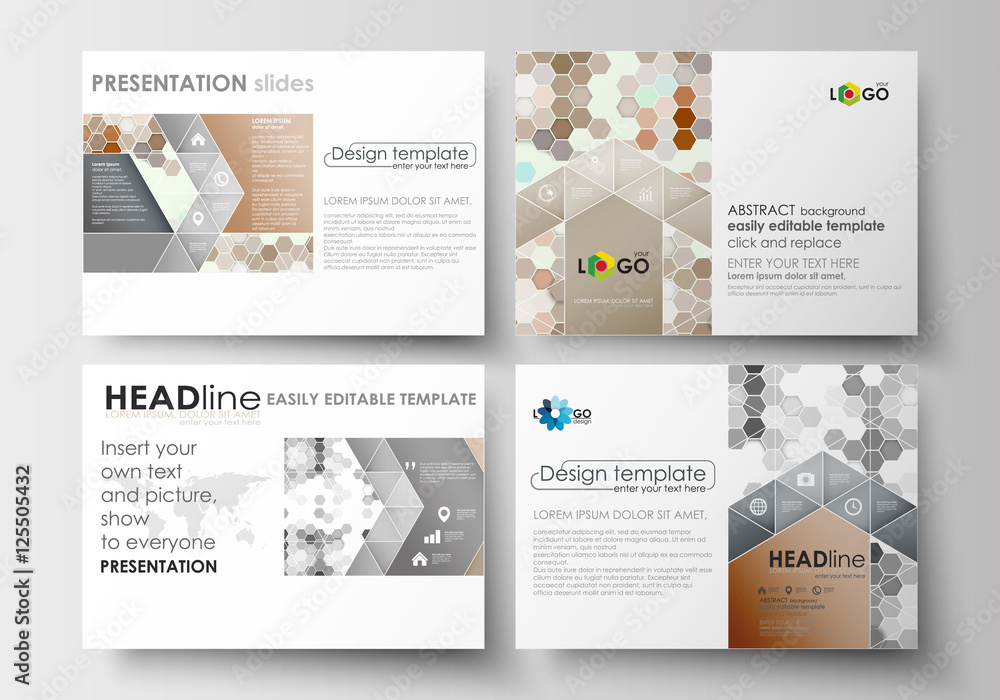 Set of business templates for presentation slides. Easy editable layouts in flat design. Abstract gray color background, modern stylish hexagonal vector texture.