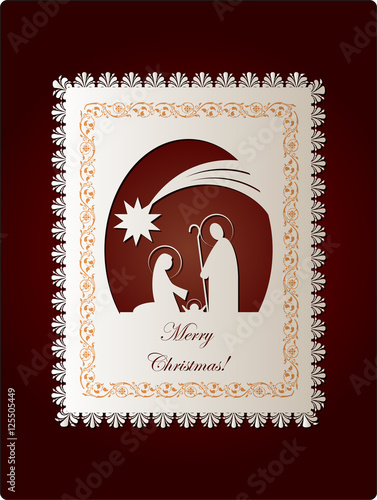 Christmas nativity Holy family scene paper cut out, on red background, with snowflakes and holidays decorations, with copy space for text.