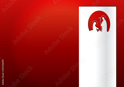 Christmas nativity Holy family scene paper cut out, on red background, with snowflakes and holidays decorations, with copy space for text.