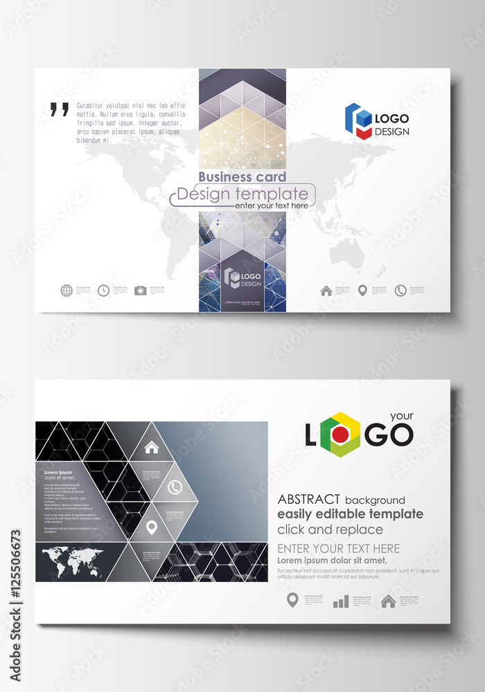 Business card templates. Cover template, easy editable, abstract flat design vector layout. Chemistry pattern, hexagonal molecule structure. Medicine, science, technology concept.
