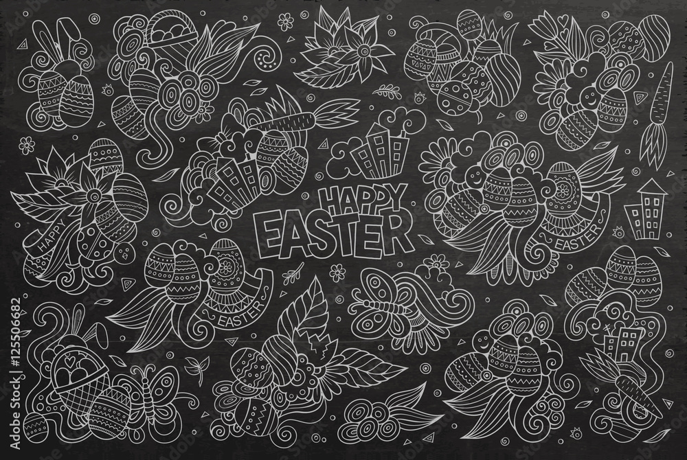 Obraz premium Chalkboard vector doodles cartoon set of Easter objects