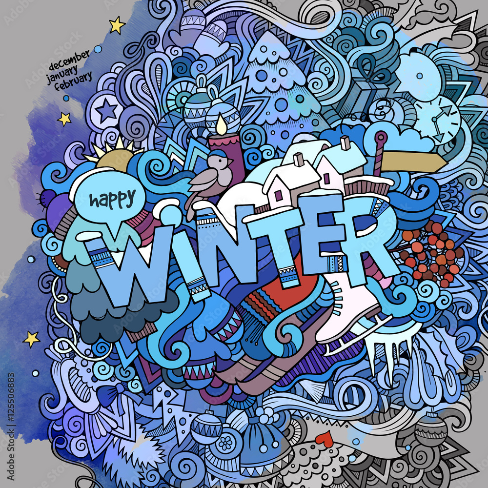 Winter hand lettering and doodles elements
