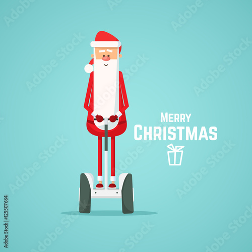 Santa Claus riding on a Segway. Christmas characters. Santa Claus Cartoon Character. Christmas card with Santa Claus.