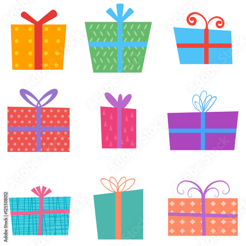 Holiday gifts icons and present boxes in cartoon flat style. Vector illustration. Colored gift boxes with ribbons.