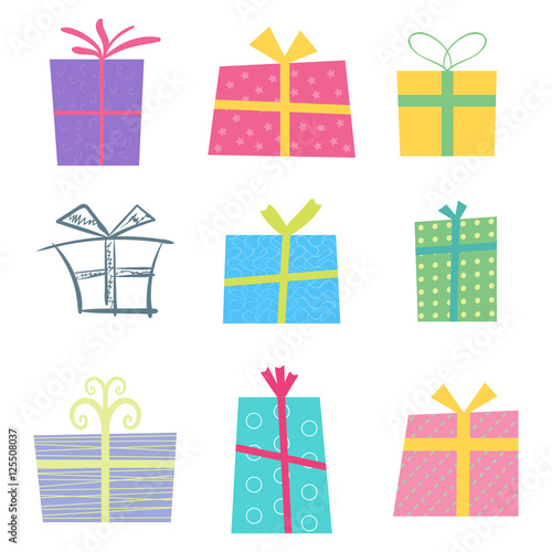 Holiday gifts icons and present boxes in cartoon flat style. Vector illustration. Colored gift boxes with ribbons.