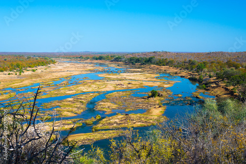 Olifants river, scenic and colorful landscape with wildlife in the Kruger National Park, famous travel destination in South Africa. Clear blue sky. photo