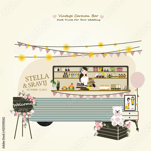 Vintage mobile Caravan bar , Retro Wedding Food Trucks. Wedding Decorations ideas.Vector/Illustration