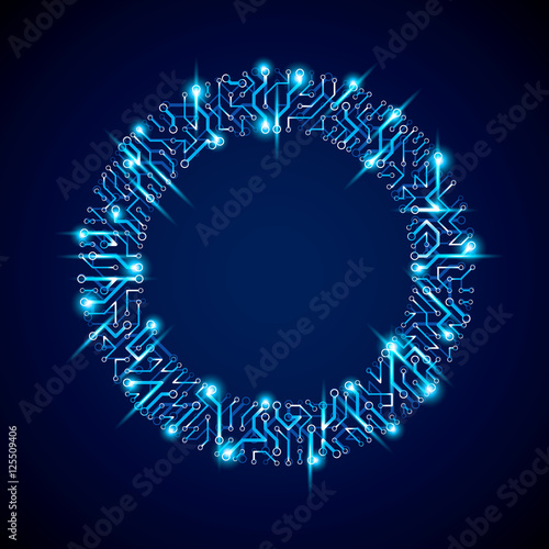 Vector sparkling circuit board circle, digital technologies abst