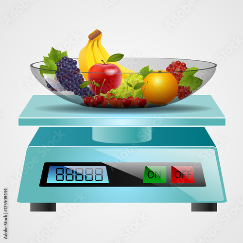 scale with fruits and vegetables. Vector illustration
