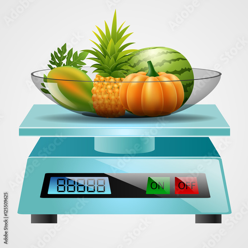 scale with fruits and vegetables. Vector illustration