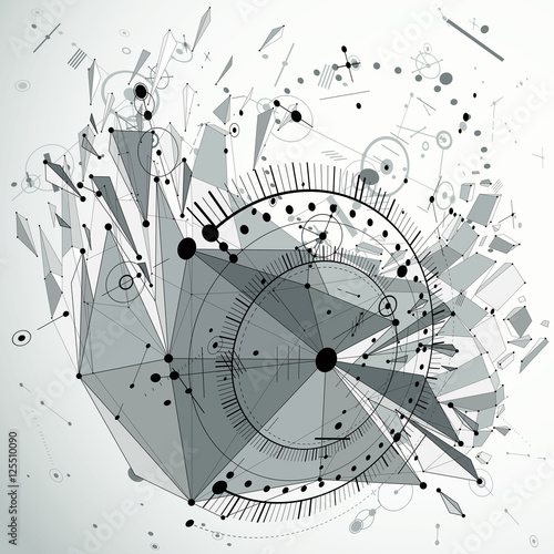 Dimensional mechanical scheme, black and white futuristic vector