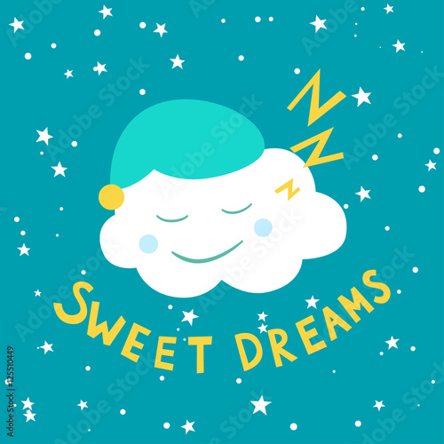 Poster with phrase Sweet dreams. Childish background with sleeping cloud, cap with pompon and stars. Vector illustration