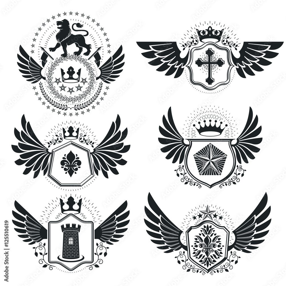 Obraz premium Vector emblems, vintage heraldic designs. Coat of Arms collectio