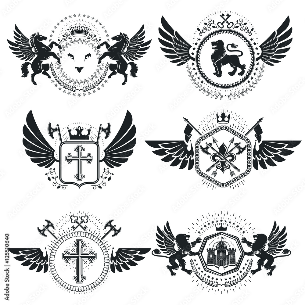 Vector emblems, vintage heraldic designs. Coat of Arms collectio