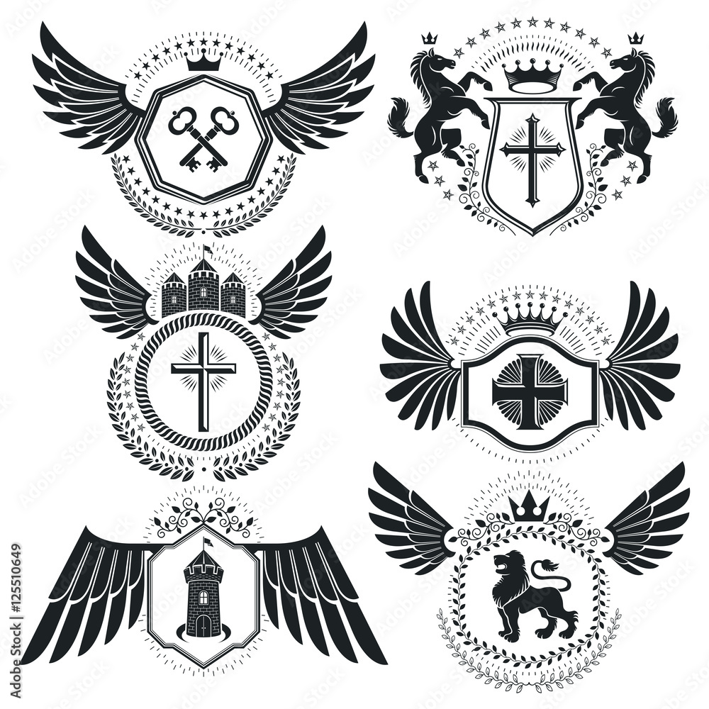 Fototapeta premium Heraldic designs, vector vintage emblems. Coat of Arms collectio