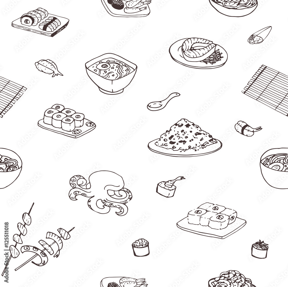 Doodle seamless pattern with different japanese food. Repeated background with food.