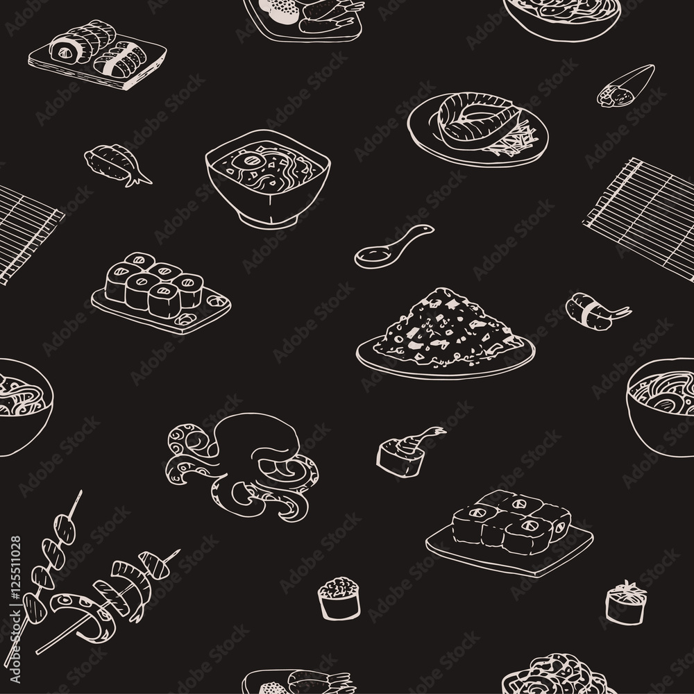 Doodle seamless black pattern with different japanese food. Repeated background with food.