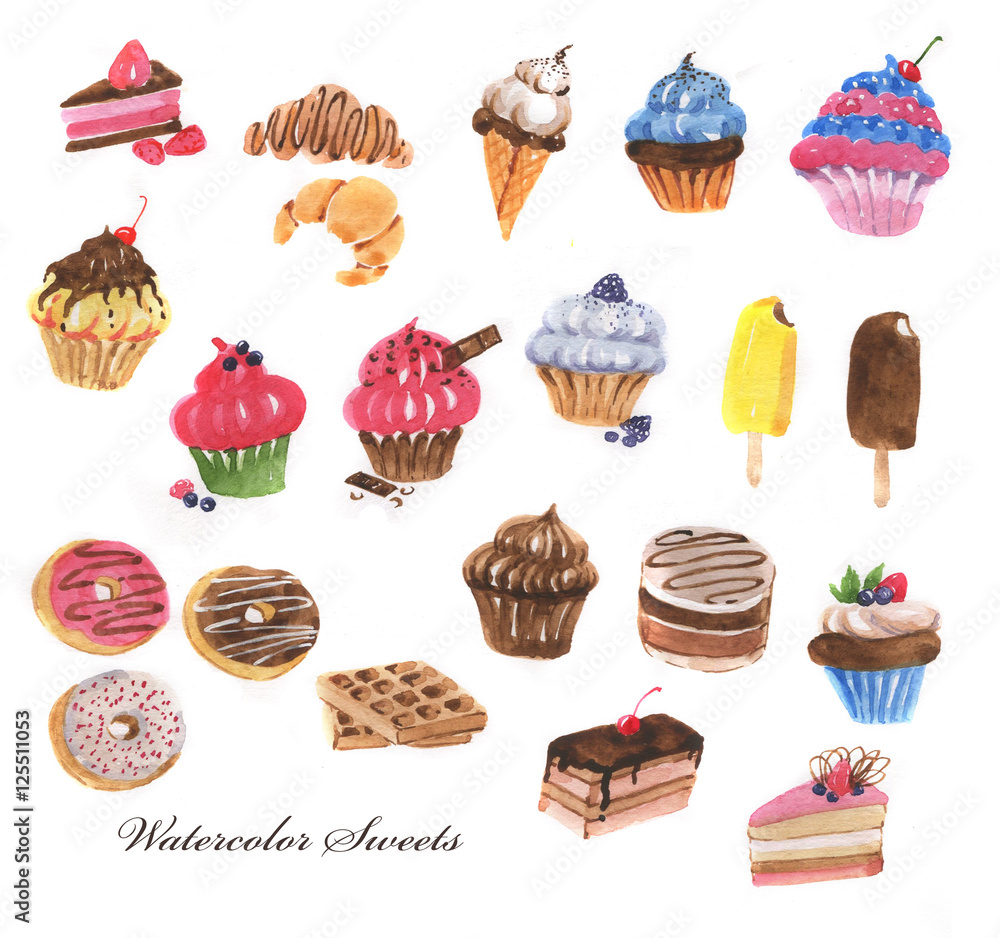 Hand-drawn watercolor sweet cakes, ice-cream and dessert collection. Line art set of the sweet dessert illustrations.