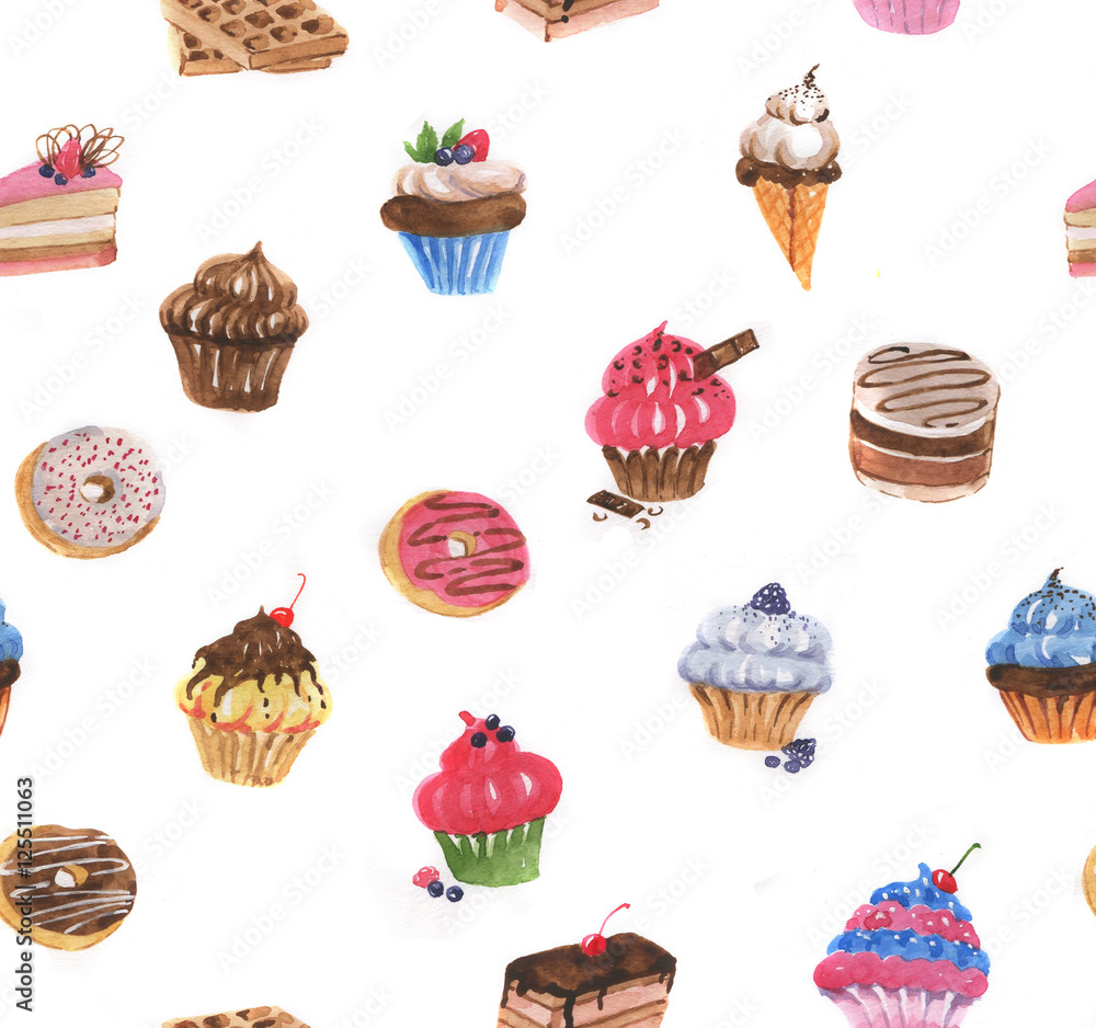 Hand-drawn seamless watercolor colorful pattern with different sweet cakes and dessert. Repeated background with sweet dessert